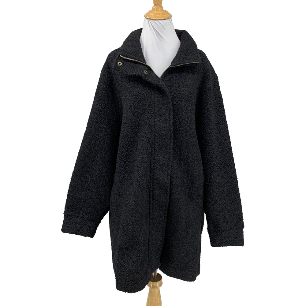 Lands End Coat Womens 2X Plus Black Boucle Fleece Full Zip Snap Winter Jacket